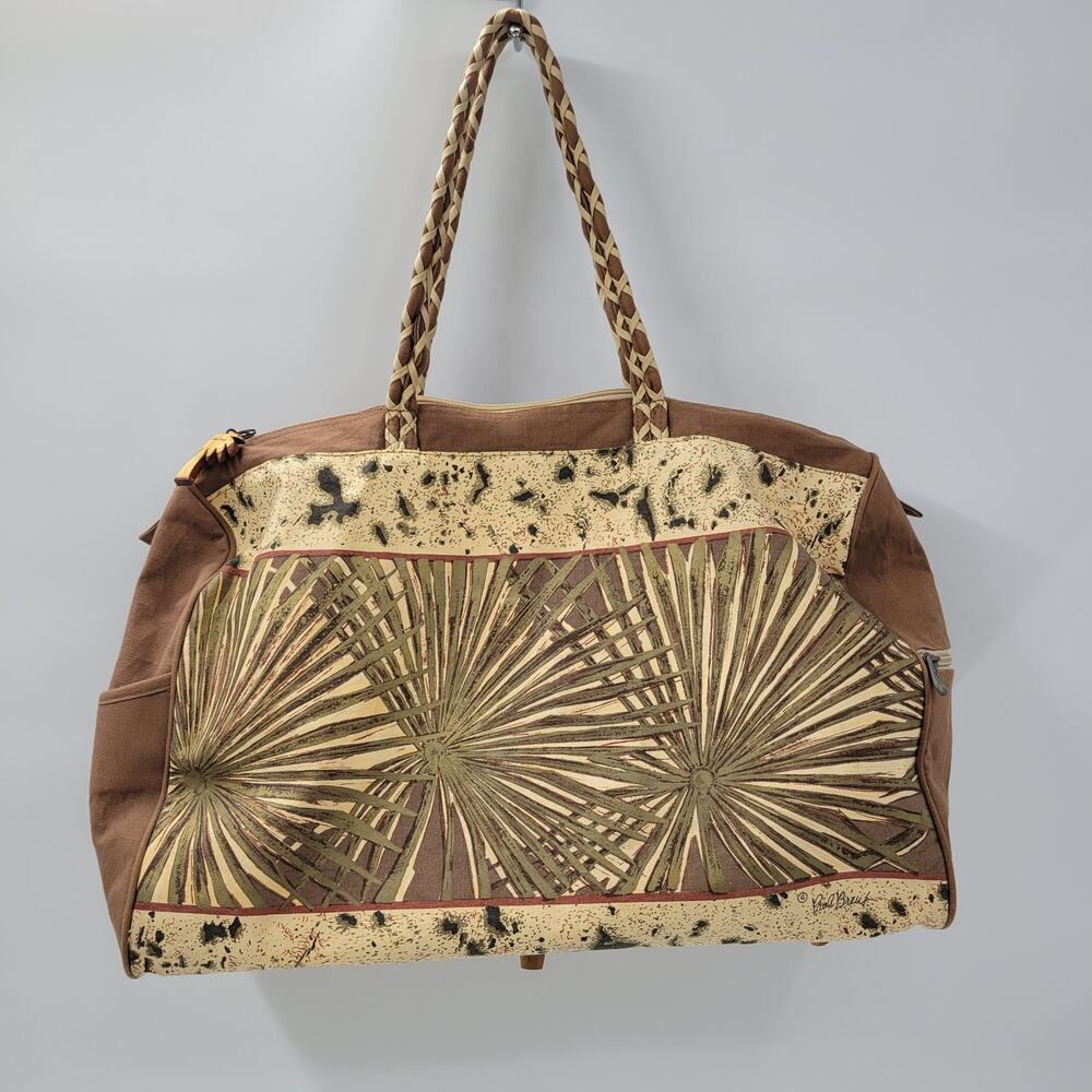 Paul Breut Travel Weekender Duffle Bag Large Brown Canvas Sequin Palm Tree Print